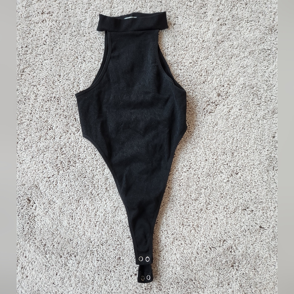 AKIRA High Cut Black Bodysuit with Mock Neck